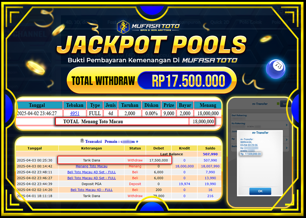 MUFASATOTO JACKPOT POOL MACAU Rp 17.500.000 